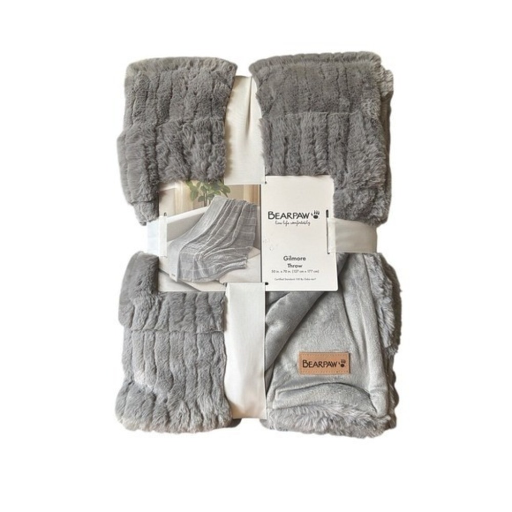 BearPaw Gilmore Faux Fur Plush Embossed Throw Blanket 50"x70" Gray GIFT Fall NEW